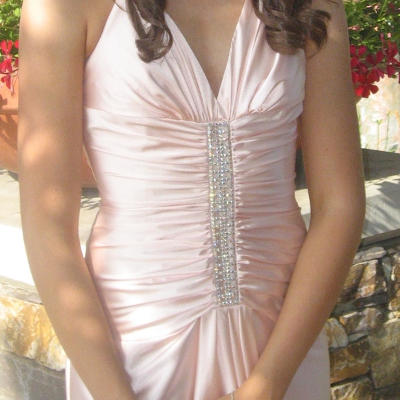 Baby Pink Satin with Rhinestone Maxi Formal Dress - Picture 2 of 4